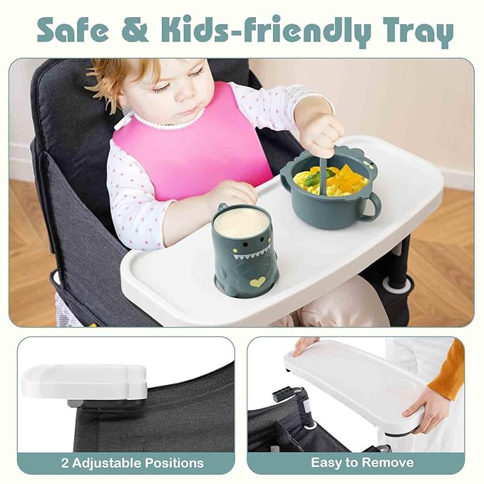 HONEY JOY Portable High Chair for Babies and Toddlers, Foldable Highchair with Tray, Storage Pocket, 5-Point Safety Harness, Compact Space Saver Baby Feeding Chair for Travel, Carry Bag (Gray)