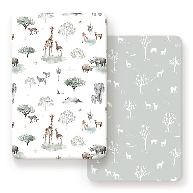 GRSSDER Ultra Soft Pack and Play Sheets, Stretchy Jersey Knit Pack n Play Sheets Fitted 2 Pack, Universal Fitted Portable/Mini Crib Mattresses Safe and Snug, Pretty African Savannah Animals