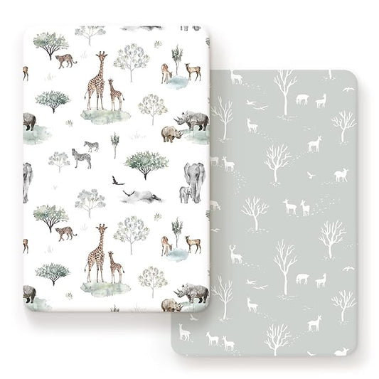 GRSSDER Ultra Soft Pack and Play Sheets, Stretchy Jersey Knit Pack n Play Sheets Fitted 2 Pack, Universal Fitted Portable/Mini Crib Mattresses Safe and Snug, Pretty African Savannah Animals