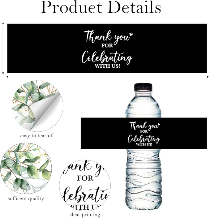 100PCS Wedding Water Bottle Labels Waterproof Greenery Floral Wraps Sticker for Water Bottle Baby Shower Bottle Label for Bridal Shower Party （Black2）