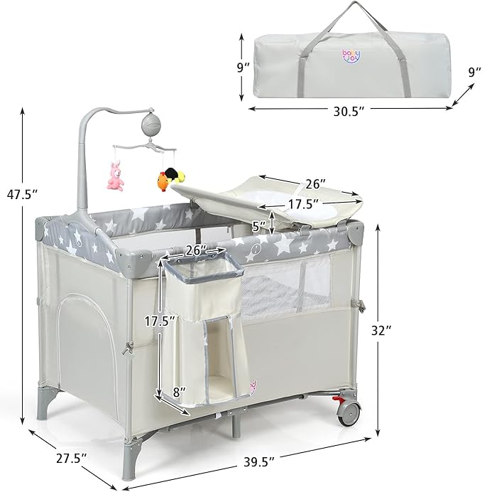 HONEY JOY Pack and Play with Bassinet, 5-in-1 Baby Bedside Sleeper w/Diaper Changing Table & Storage Bag, Toy Arch & Music Box, Detachable Side Rail, Portable Baby Play Yard w/Carry Bag(Beige)
