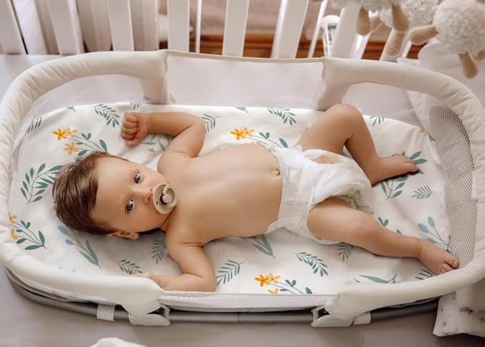 4 Pack Sage Green Fitted Nursery Sheets Breathable Neutral Unisex Baby Sheets for Boys or Girls with Leaf and Flower Design (Bassinet)