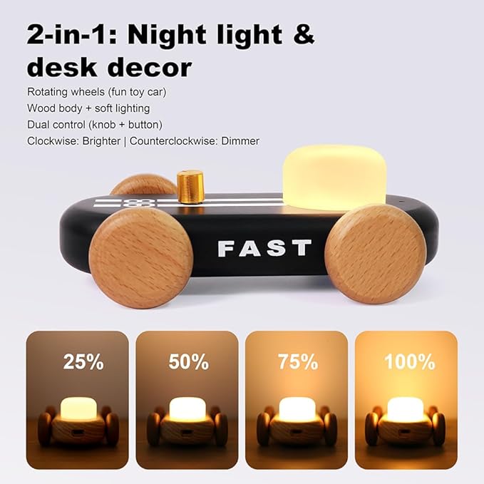 Wooden Go-Kart Night Light for Kids, 7 Color Adjustable, USB Rechargeable (Black)