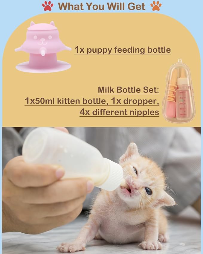230ML Puppy Bottles for Nursing Puppy Milk - Premium Silicone Nursing Station with 4 Nipples - Dog Feeder for Multiple Newborn Puppies, Rabbits, Kittens Bottle Feeding Kit (Pink)
