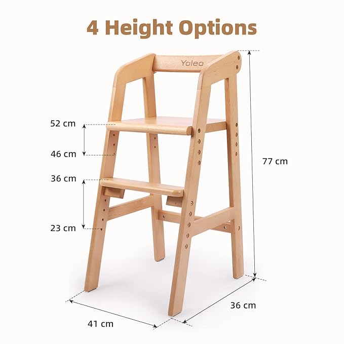 Wooden High Chair for Toddlers, Adjustable Feeding Chair with Removable Cushion for Child, High Chair Grows with Kid for Dining, Studying, Step Tool(Natural Color)