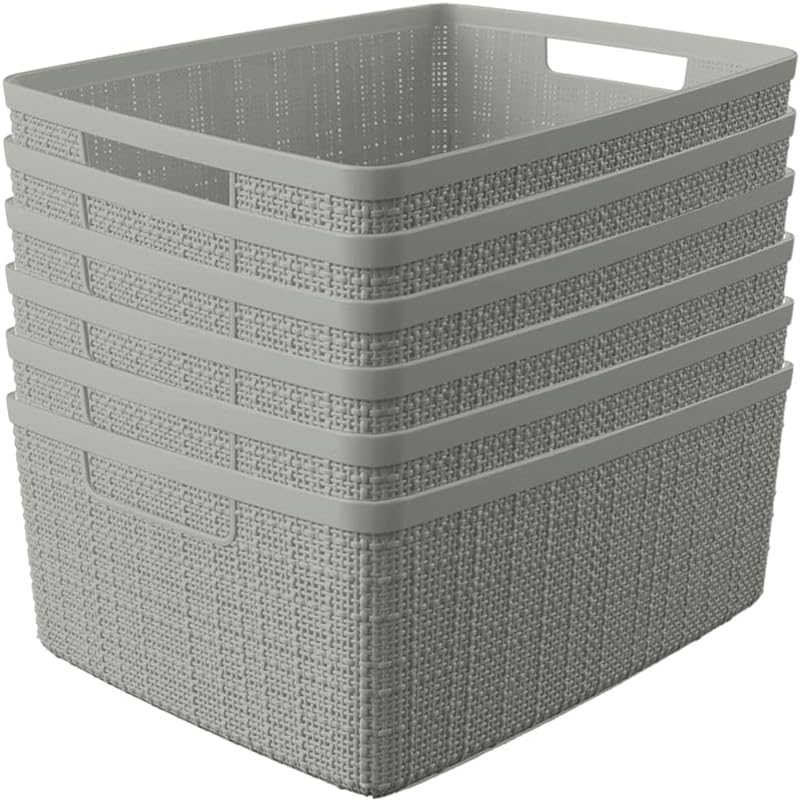 Curver Jute Decorative Plastic Organization and Storage Basket Perfect Bins for Home Office, Closet Shelves, Kitchen Pantry and All Bedroom Essentials, (Set of 6), Grey, Medium