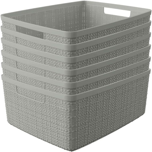 Curver Jute Decorative Plastic Organization and Storage Basket Perfect Bins for Home Office, Closet Shelves, Kitchen Pantry and All Bedroom Essentials, (Set of 6), Grey, Medium