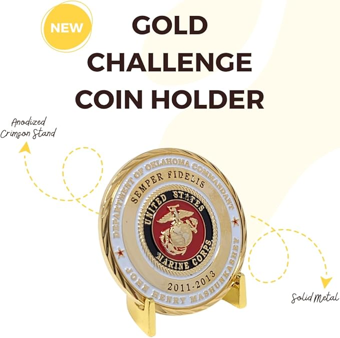 Military Challenge Coin Display Stand - Solid Metal with Anodized Finish - US Vet. Business (Gold Five-Pack)