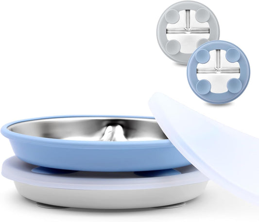 Stainless Steel Toddler Suction Plate with Lid, Deeper 9" Divided Plates with Removable Silicone Sleeves for Kids, Non Toxic & BPA Free | Unbreakable Baby Snack Dishes Set of 2, Blue & Gray