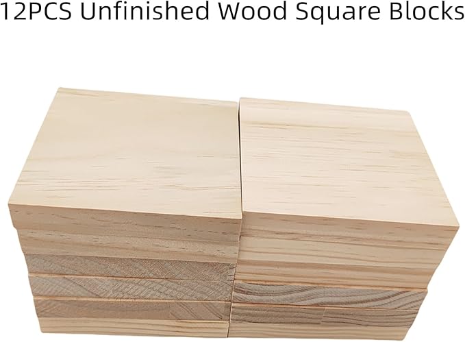 12PCS Unfinished Wood Square Blocks for Crafts, 4x4x0.6in Blank Wooden Squares Pine Wood Boards for Carving,DIY Wood Coasters,Painting & Burning