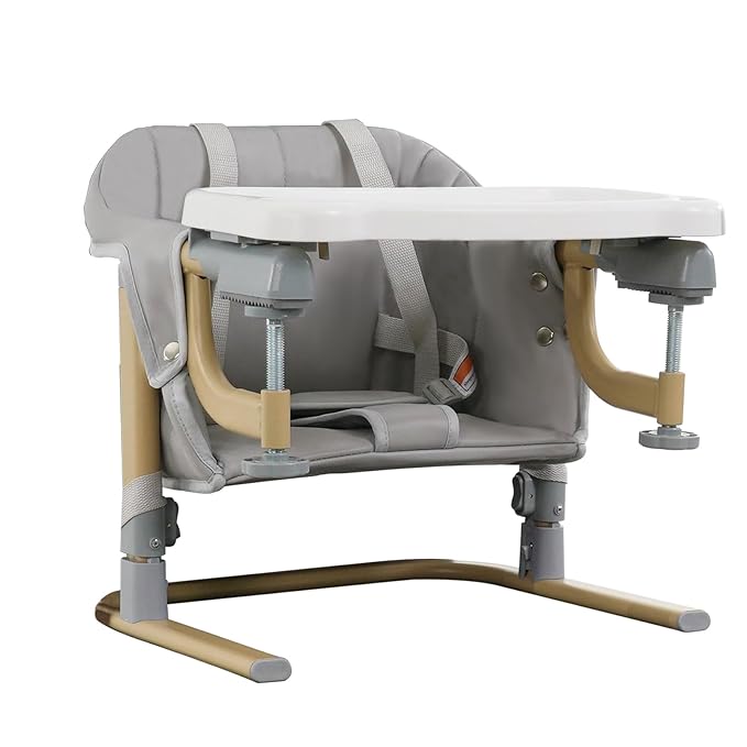 Baby Booster Seat for Table, Toddler Hook On High Chair with Tray, Adjustable Height Foldable Baby Feeding Chair with Carry Bag, for Kitchen Home Travel, Gray