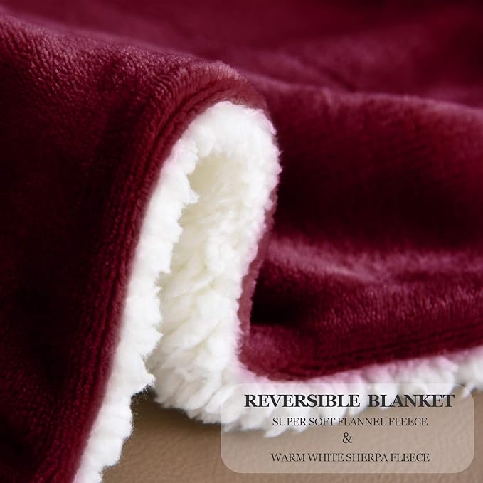 NANPIPER Sherpa Blanket Twin Thick Warm Blanket for Winter, Super Soft Fuzzy Flannel Fleece/Wool Like Reversible Velvet Plush (Wine Red, Twin Size 60"x80")