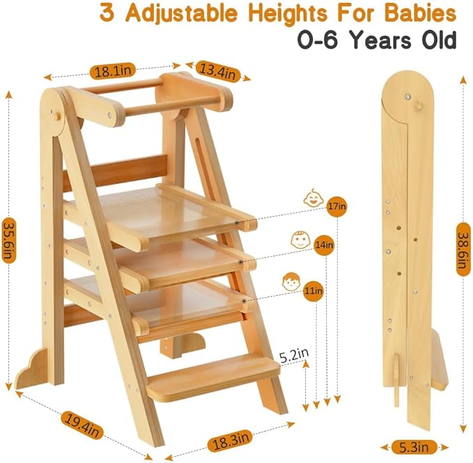 Toddler Tower, Foldable Step Stool for Toddlers, Toddler Kitchen Stool Helper with 3 Adjustable Height Safty Rail and Anti-Tip Structure, Learning Tower for Toddlers Baby Kids