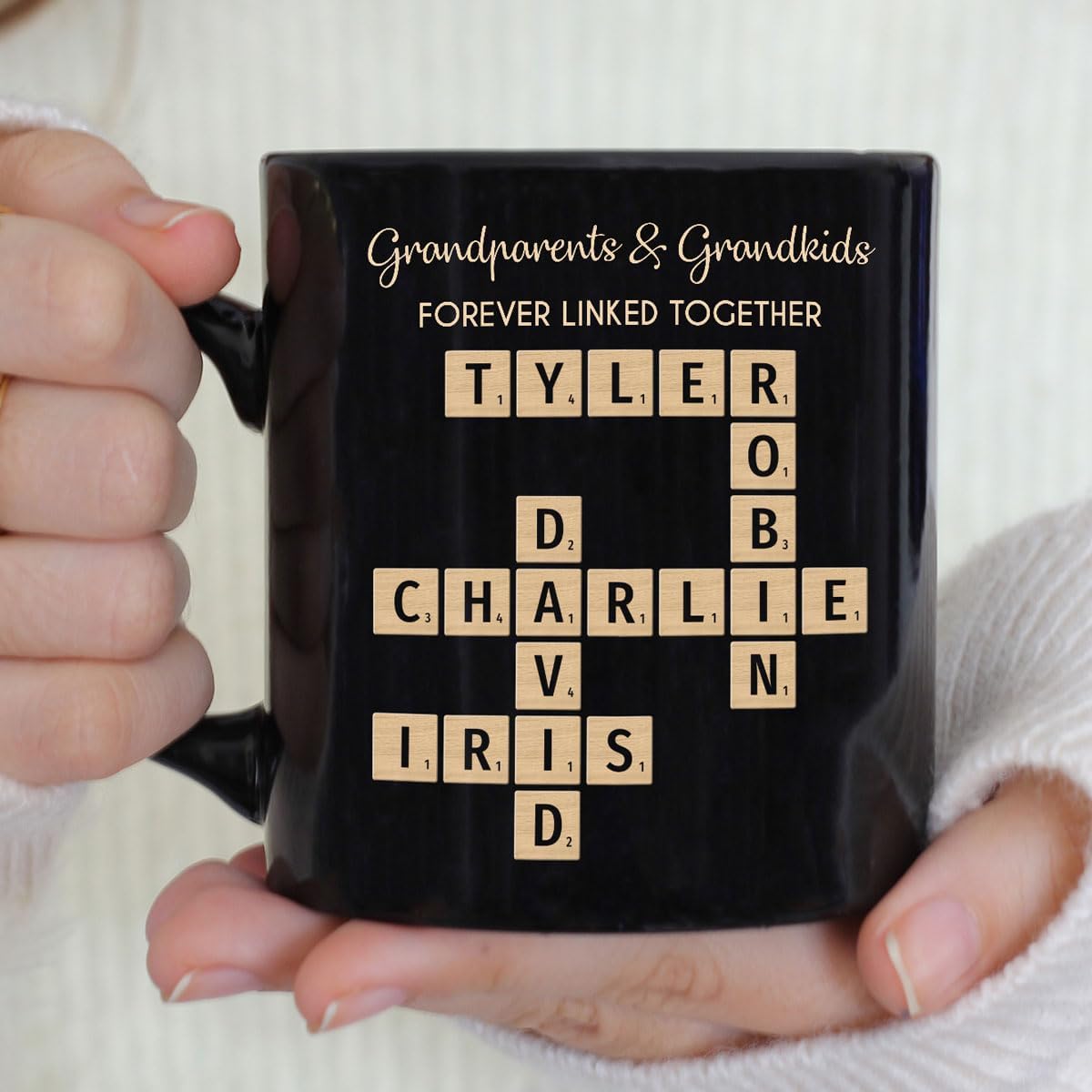 Family Forever Linked Together Custom Names Ceramic Mug, Crossword Puzzle Art, for Birthday, Anniversary or Special Occasions (Grandparents & Grandkids Forever Linked Together Black Mug)