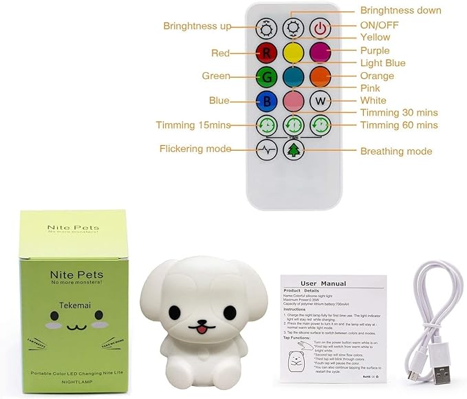 Night Light, Bedside Lamp for Kids, Baby Nursery Lamp for Breastfeeding Safe, Break Resistant, Eye Caring, Adjustable Brightness & Color, Timing Function, Remote Control + Touch Control - Dog