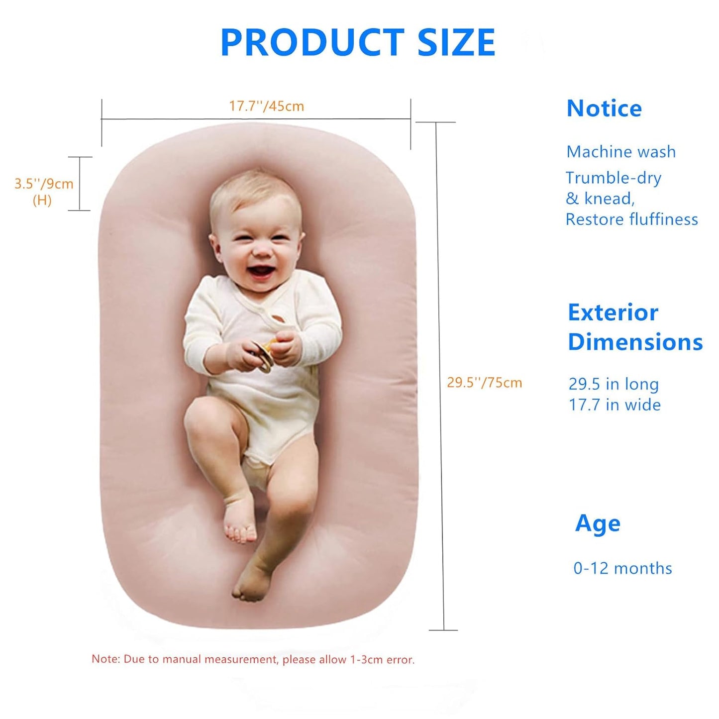 Baby Lounger Play Mat,Baby Lounger for Newborn Tummy Time for Baby in Bed,0° Angle Newborn Lounger Baby Nest for Boys & Girls 0-12 Months-Pink