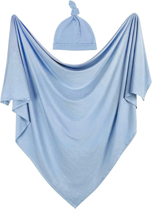 OWLOWLA Swaddle Blanket and Hat Set Newborn Swaddle Wrap Baby Receiving Blanket for Baby Boys Girls(Baby Blue)