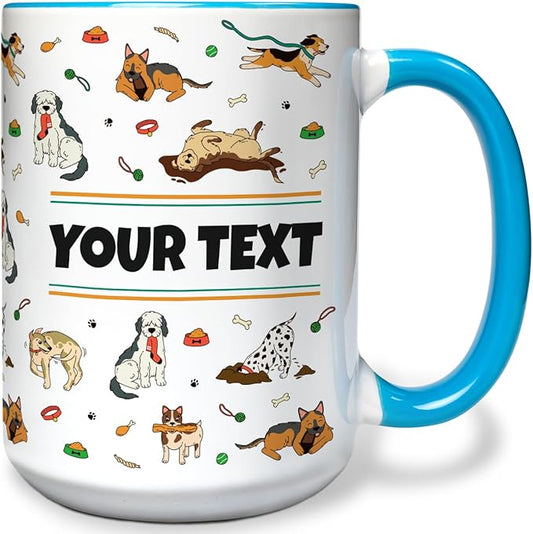 Personalized Mug for Kids - Dogs - Custom Name/Text, Ceramic Hot Chocolate/Cocoa/Coffee Cup for Boys/Girls, Birthday/Christmas/Holiday Gift - 15 oz, Light Blue Handle