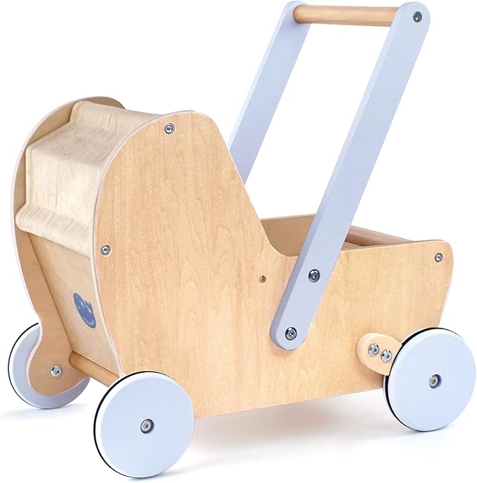 Wooden Baby Doll Pram Stroller, Baby Walker Push and Pull Doll Stroller, Wooden Toy Stroller for Toddler Boys Girls 18 Months and Up