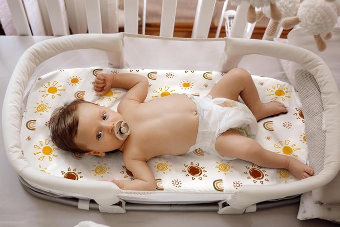 Jola's House 4 Pack Boho Bassinet Sheets - Sunshine & Rainbow Design - Neutral Unisex - Fitted Baby Bassinet Sheets