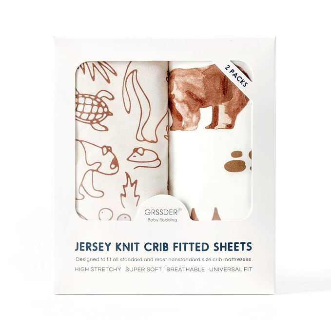 Stretchy Ultra Soft Jersey Knit Fitted Crib Sheets Set 2 Pack，Universal Fit All Standard Crib Mattress Pads Safe and Snug, Crib Fitted Sheet for Boys and Girls, Cute Animals Print