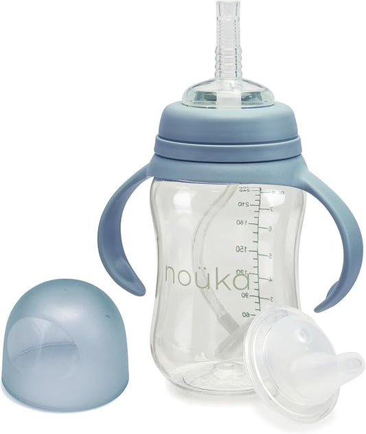 nouka Tritan Plastic Transitional Sippy Cup with Weighted Straw | Leak Proof and Easy Grip | Removable Handles | Wave