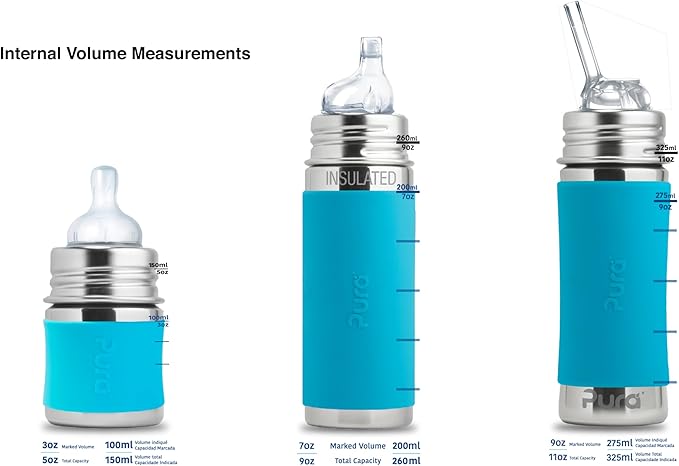 Pura Kiki 9oz/260 ml Stainless Steel Insulated Bottle w/Silicone Straw & Sleeve, 100% Plastic-Free, MadeSafe Certified, 100% Medical-Grade Silicone Straw for Kids, Toddlers, Babies & Infant - New Rose