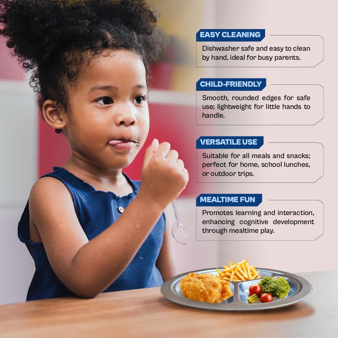 Stainless Steel Plates for Kids, Toddler Plate, Non Toxic Baby Dinnerware, BPA-Free Feeding Tray, Durable, Easy to Clean, Compatible with Dishwasher, Freezer, Microwave