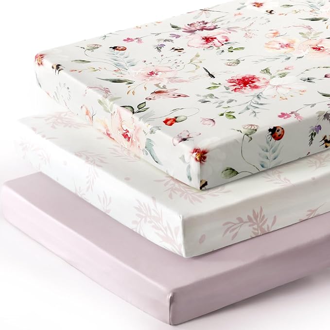 GRSSDER Fitted Pack and Play Sheets Set 3 Pack, Stretchy Ultra Soft Jersey Knit Portable/Mini Crib Sheets for Girls, Universal Fit for Pack N Plays Safe and Snug, Stylish Floral Pattern