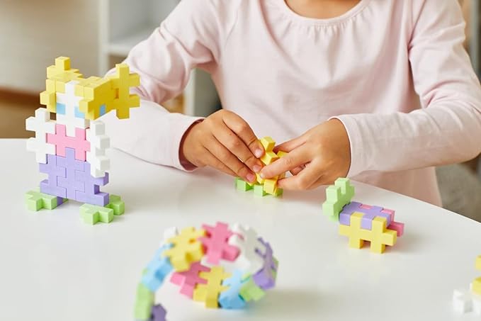 PLUS PLUS Building Set with Metal Suitcase, Open Ended Stem Toy for Toddlers and Preschool, 70 Big Pastel Interlocking Pieces