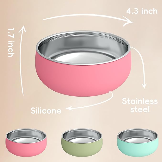 Bella’s Friends Stainless Steel Baby Bowls with Silicone Sleeve 3 Pack, 4.3” for Toddlers Kids Feeding, Non-Slip, Non-Toxic, Mess-Free, Dishwasher Safe, Fit High Chair Size,pink mint green light green
