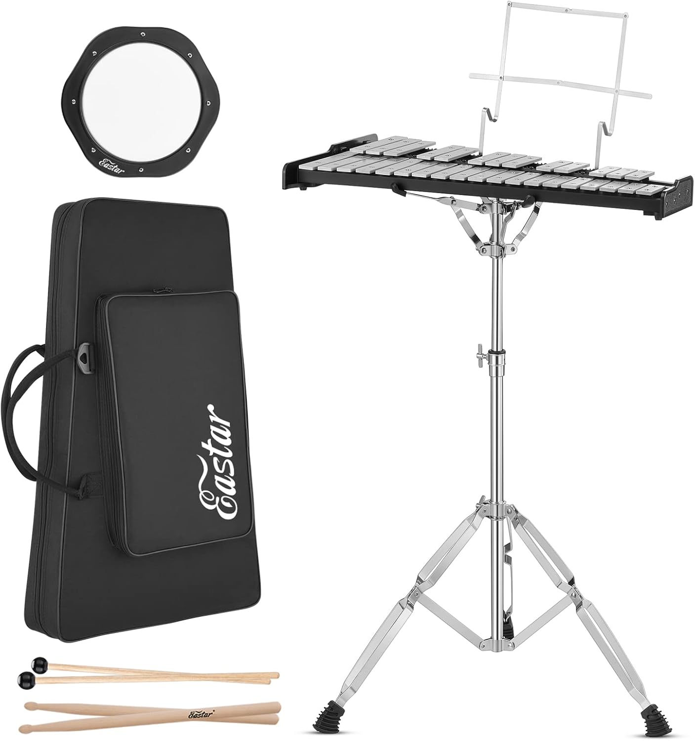 Eastar Advanced 32 Note Glockenspiel Xylophone Bell Kit Beginner Students, Percussion Kit with 8'' Drum Practice Pad, Adjustable Stand, Glockenspiel Stick, Drum Sticks and Carrying Bag