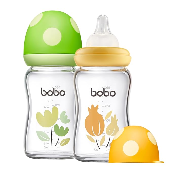 YOHKOH Natural Glass Baby Bottle with Natural Response Nipple, Newborn Anti-Colic Baby Bottles, Wide Neck Mushroom Cap Baby Bottle, Clear (Multicolour1, (5.4oz (Pack of 2))