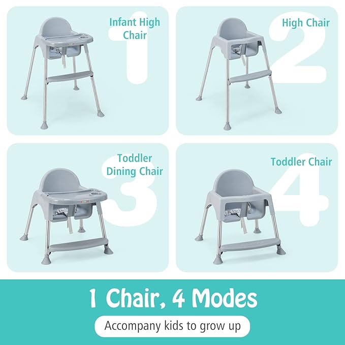 BABY JOY Baby High Chair, 4 in 1 Convertible High Chair with Adjustable Legs, Double Removable Tray, Safety Harness & Footrest, for 6-36 Months Babies & Toddlers (Gray)