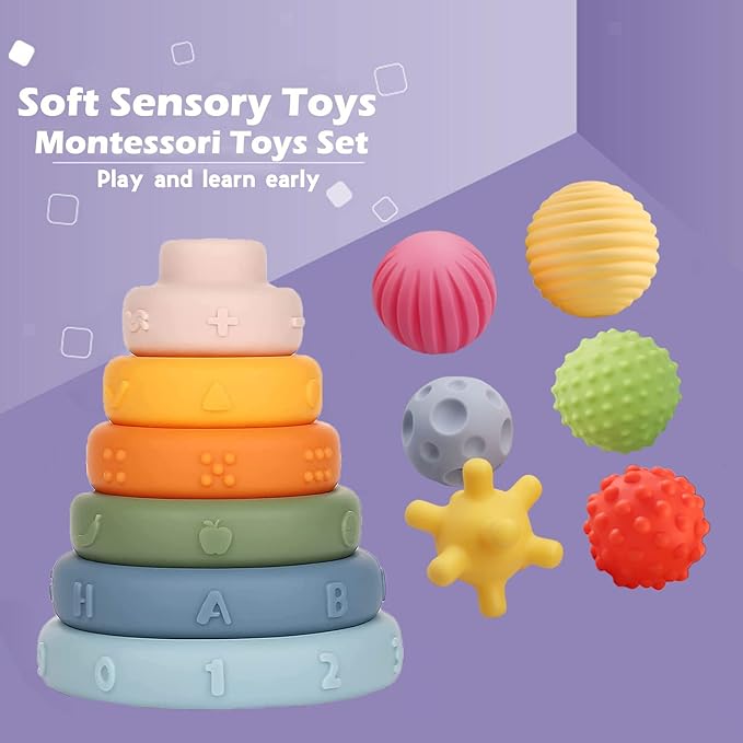 Montessori Toys Soft Stacking Building Blocks Rings Balls Sets 3 in 1 Baby Toys Bundle for Babies 6-12 Months Sensory for Toddlers 1-3 Teething Bath for Infants Learning Toy