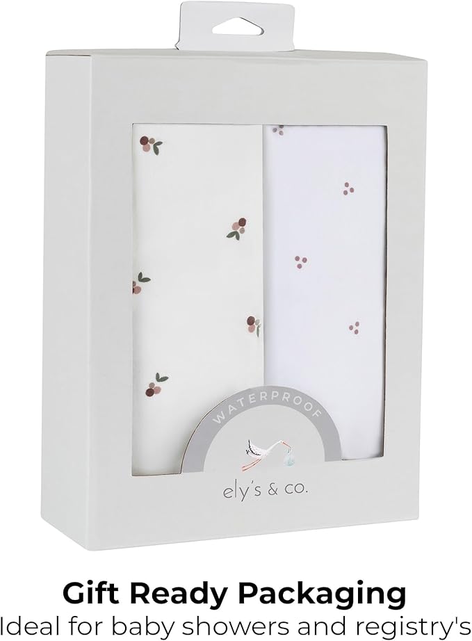 Ely's & Co. Patent Pending Waterproof Pack and Play Sheets, 100% Cotton with Waterproof Lining – 2 Pack Fitted Mini Crib Sheet Set, Berry and Cluster Dot (Lavender) 38” x 24”