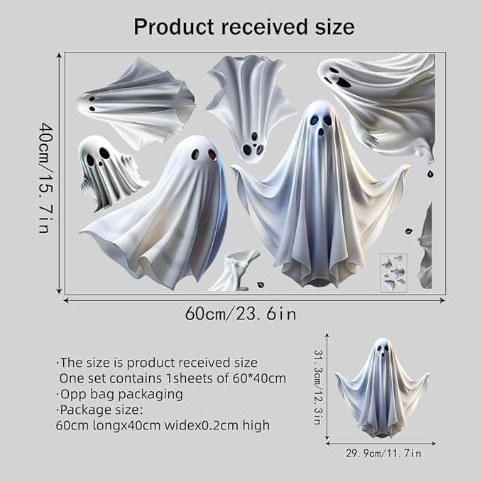 Halloween Ghost Window Ghost Windows Clings Cute White Little Ghosts Double Sided Windows Stickers Halloween Window Clings Stickers for School, Home, Office Decoration, Party Supplies