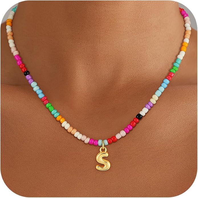 Bubble Colorful Initial Necklaces for Women Girls Kids - Teen Girls Gifts Trendy Bubble Beaded Initial Necklace Cute Letter Birthday Gifts Choker Necklace for Women Girl Kids Jewelry