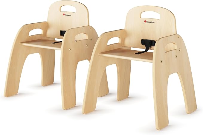 Foundations Simple Sitter 13” Low Wood Feeding Chairs, Wide No-Tip Base, Adjustable Safety Harness, Stackable Wood Toddler Chairs with Food Service Grade Finish, 2 Pack