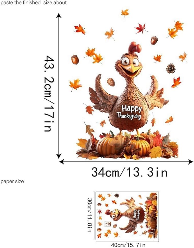 1 Sheet Thanksgiving Window Clings Decor Autumn Maple Leaf Cartoon Turkey Design Double-Sided Fall Window Stickers Happy Thanksgiving clings for Glass Windows Holiday Party DIY Supplies