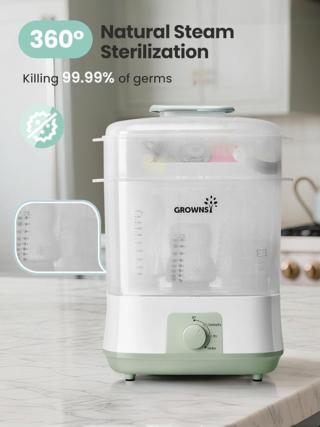 GROWNSY Adjustable 3 in 1 Large Bottle Sterilizer and Dryer, Electric Steam Baby Bottle Sterilizer, Bottle Sanitizer for Baby Bottles & Pacifiers, Breast Pump Parts Green