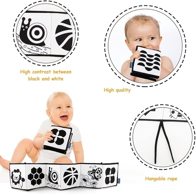 My First Black and White High Contrast Soft Book , Infant Tummy Time Toys, Black and White Baby Cards, Folding Educational Activity Cloth Book Suitable for Boys Girls Toddler