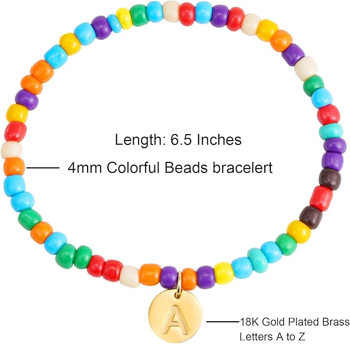 Colorful Initial Bracelets for Women Girls, Cute Beaded Initial Bracelet Teen Girl Gifts Trendy Stuff Gold Disc Letter Bracelet Personalized Gifts for Women Jewelry