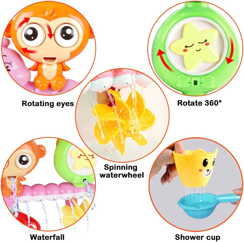 G-WACK Bath Toys for Toddlers Age 1 2 3 Year Old Girl Boy, Preschool New Born Baby Bathtub Water Toys, Durable Interactive Multicolored Infant Toy, Lovely Monkey Caterpillar,Strong Suction Cups Pink