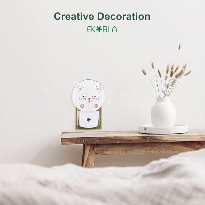 EKOBLA Happy Cat Night Light Cute Animal Kitten with Pink Paw Flurry Ears Night Lights Plug into Wall LED Lamp Dusk to Dawn Sensor for Boys Girls Bathroom Bedroom Decorative LED Lamp