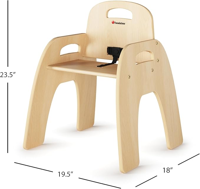 Foundations Simple Sitter 13” Low Wood Feeding Chairs, Wide No-Tip Base, Adjustable Safety Harness, Stackable Wood Toddler Chairs with Food Service Grade Finish, 2 Pack