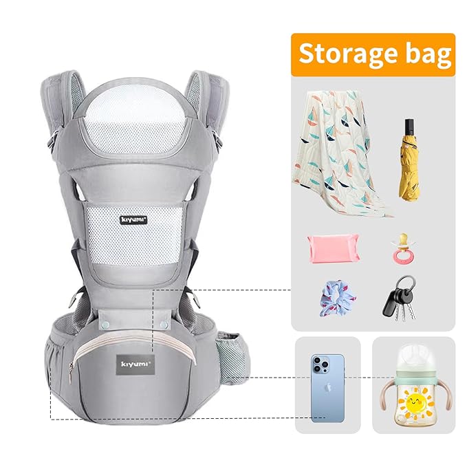 KIYUMI Baby Carrier with Hip Seat, 6- in-1 Baby Carrier Newborn to Toddler, Ergonomic M Position, Head Support and Breathable Mesh,Adjustable Removable Baby Sling Carrier (7-45 lbs), Grey