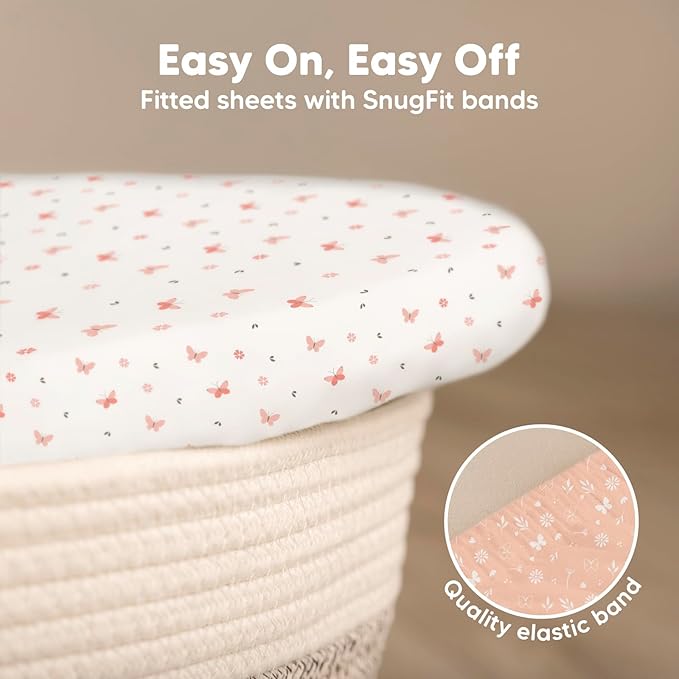 2-Pack Baby Bassinet Sheets Girl, Boy - 33x17 Viscose Derived from Bamboo Bedside Mattress Fitted Bassinet Sheets, Compatible with Halo Bassinest Swivel Sleeper, Baby Delight, Graco(Butterflies)