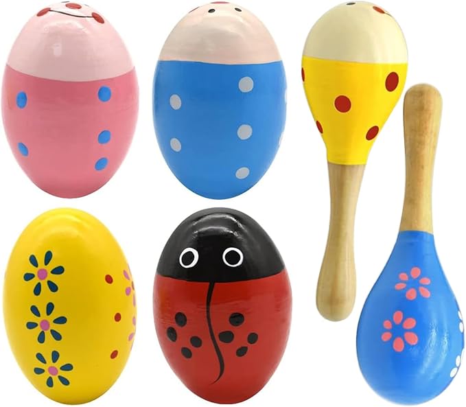 Wooden Easter Eggs Shakers Toys, Maracas Kids Hand Percussion Shakers Percussion Musical for Party Favors Kids Easter Basket Stuffers, 4 Pack Easter Eggs with 2 Shaker Sand Hammer Kit