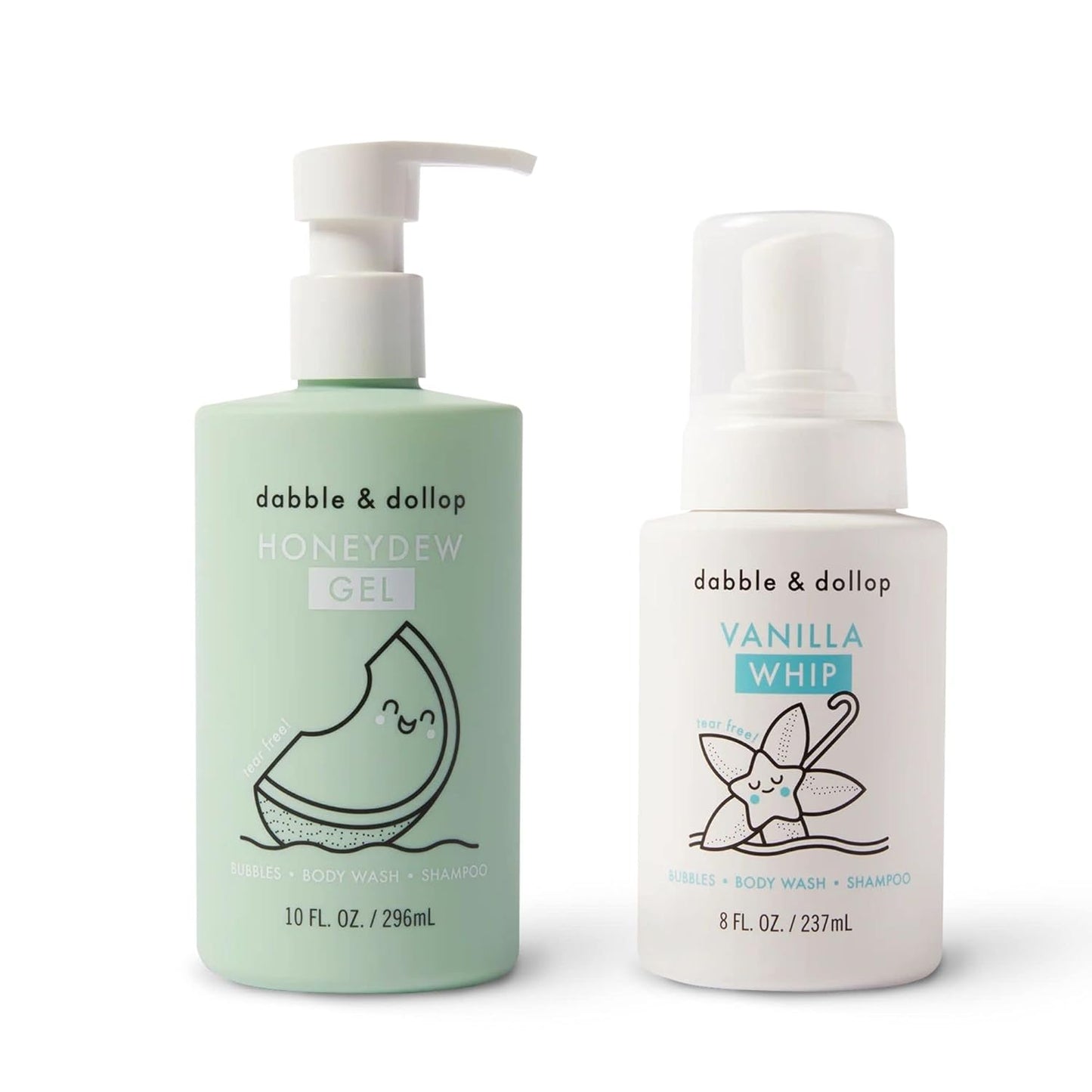 Dabble & Dollop Honeydew Melon + Vanilla Body Wash & Shampoo – 3-in-1 Natural Bubble Bath for Kids, Made in USA, No Parabens or Sulfates, Vegan, Gluten-Free, Tear-Free (2-Pack)
